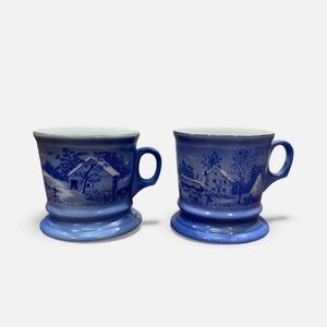 CURRIER & IVES set of 2 blue print winter scenes farm and homestead coffee mugs